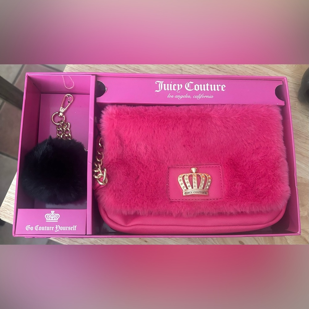 Juicy Couture Fuzzy Pink Crossbody Purse and Black Key Chain